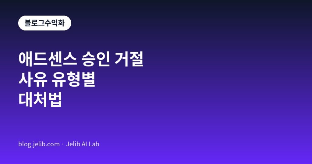 애드센스 승인 거절 사유를 콘텐츠 부족·사이트 탐색 문제·정책 위반·계정 이력 네 유형으로 나눠 보여주는 대표 이미지